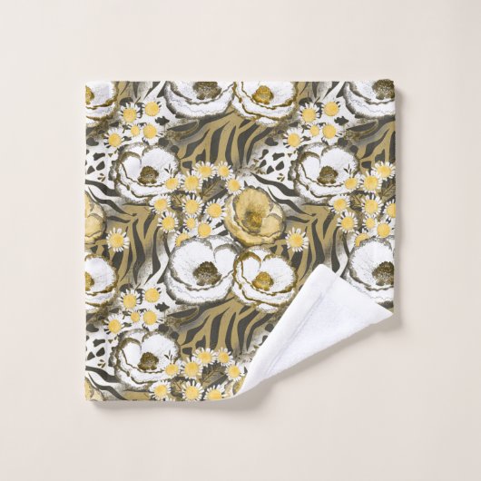 Gelbe, weiße Blume auf Tigerhintergrund Badhandtuch Set (Waschlappen)