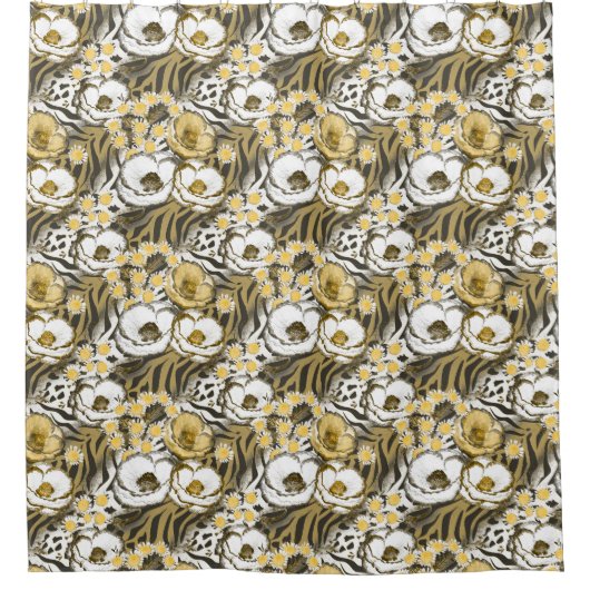 Gelbe, weiße Blume auf Tigerhintergrund Duschvorhang (Vorderseite)