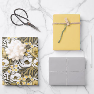 Gelbe, weiße Blume auf Tigerhintergrund Geschenkpapier Set