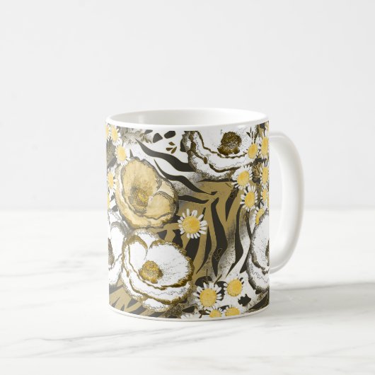 Gelbe, weiße Blume auf Tigerhintergrund Kaffeetasse (VorderseiteRechts)