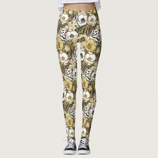Gelbe, weiße Blume auf Tigerhintergrund Leggings (Vorderseite)