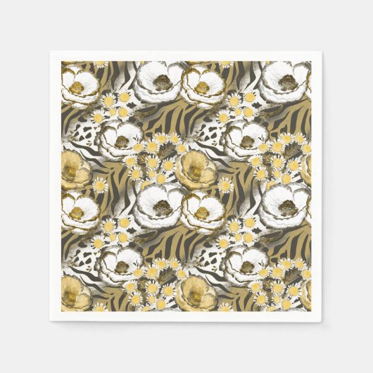 Gelbe, weiße Blume auf Tigerhintergrund Serviette (Vorderseite)