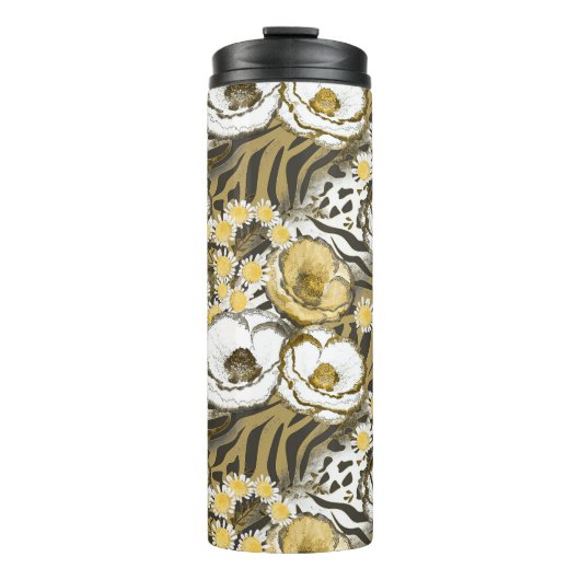 Gelbe, weiße Blume auf Tigerhintergrund Thermosbecher (Vorderseite)