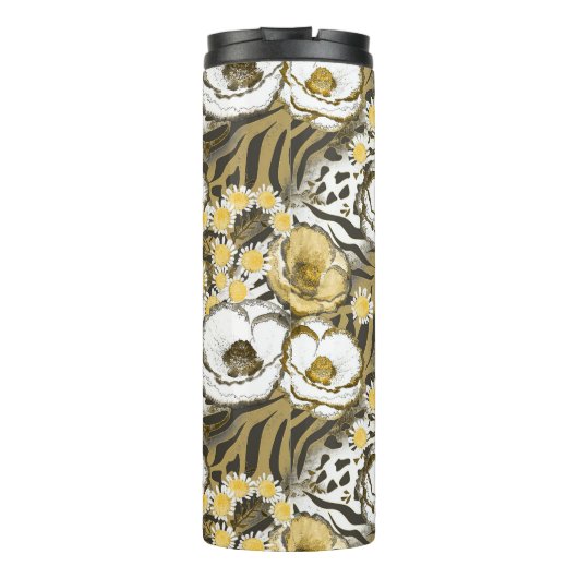 Gelbe, weiße Blume auf Tigerhintergrund Thermosbecher (Rückseite)