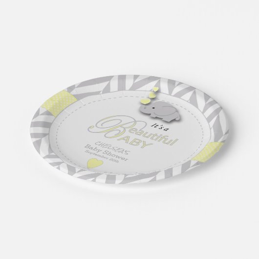 Gelbe, weiße graue Elefantendusche Pappteller (Schrägansicht)
