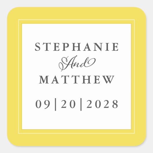 Gelbe weiße Hochzeit Elegante Kalligrafie Moderne Quadratischer Aufkleber (Vorderseite)