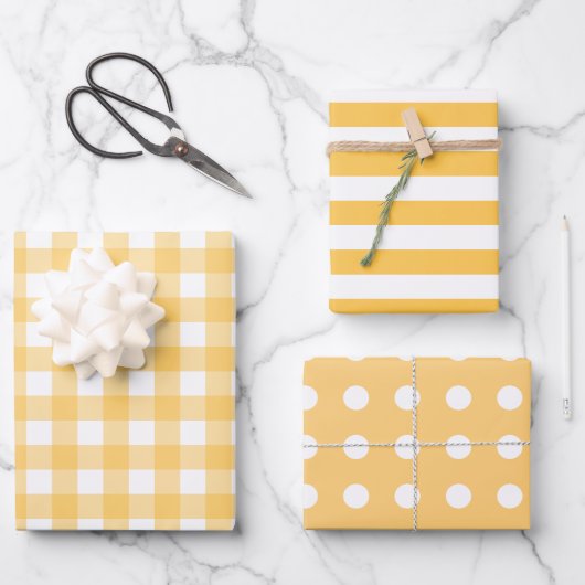 Gelbe weiße Muster Gingham Dots Streifen Geschenkpapier Set (Vorderseite)