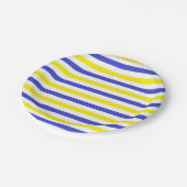 Gelbe, weiße und blaue Streifen Pappteller (Schrägansicht)