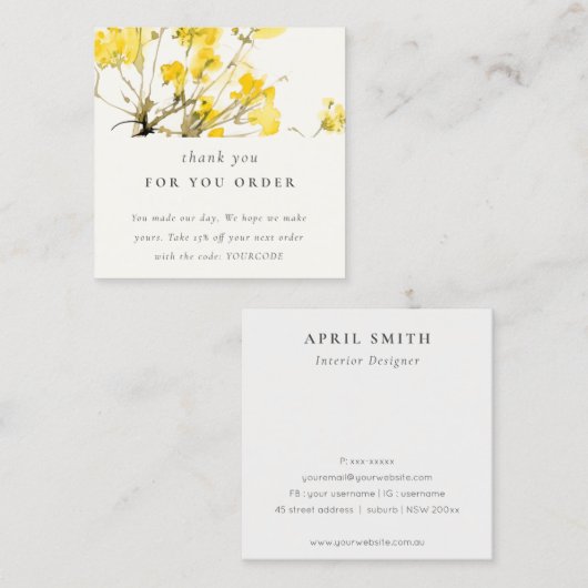 Gelbe Wildblume Blumenbestellung Vielen Dank Quadratische Visitenkarte (Vorne/Hinten)