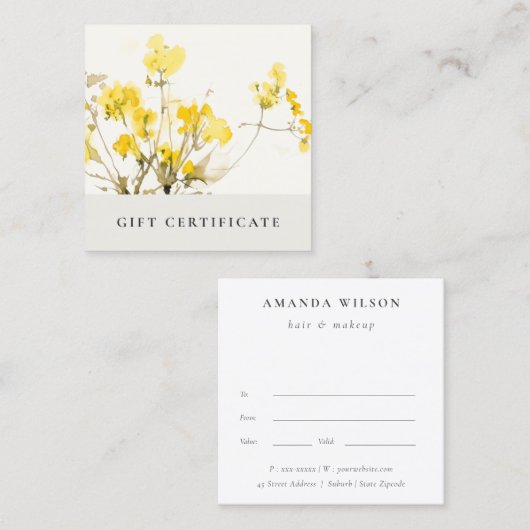 Gelbe Wildblume Boho Blumengeschenkgutschein Quadratische Visitenkarte (Vorne/Hinten)