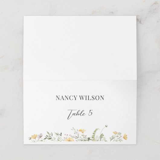 Gelbe Wildblume Brautparty Platzkarte (Außenseite Aufgefaltet)