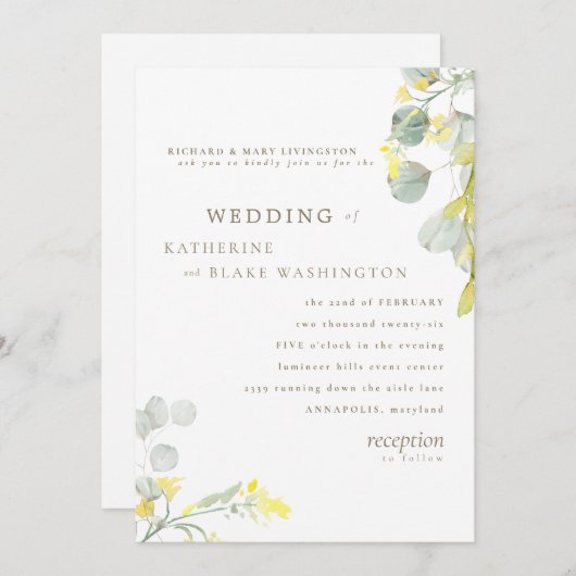 Gelbe Wildblume Eukalyptus-Hochzeit Einladung (Vorne/Hinten)