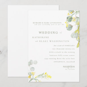 Gelbe Wildblume und Salbei-Eukalyptus-Hochzeit Einladung