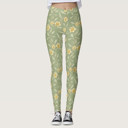 Gelbe Wildblumen auf grünen Leggings (Vorderseite)