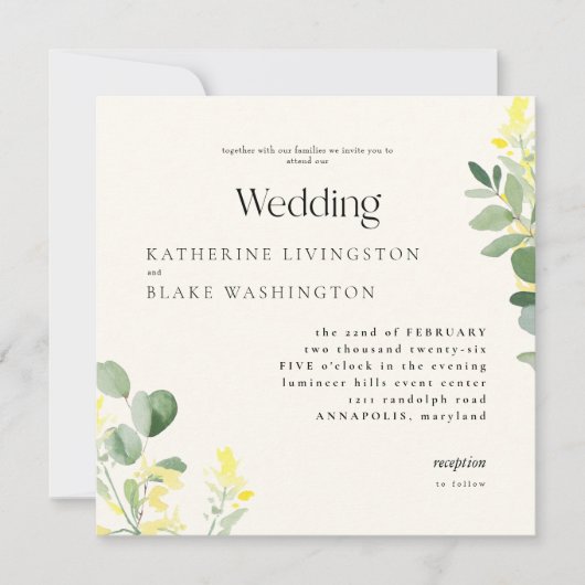 Gelbe Wildblumen Eukalyptus Square Wedding II Einladung (Vorderseite)
