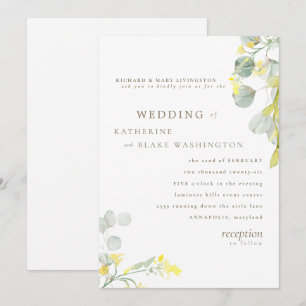 Gelbe Wildblumen-Goldtext-Eukalyptus-Hochzeit Einladung