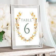 Gelbe Wildblumen Kranz Hochzeit Tischnummern