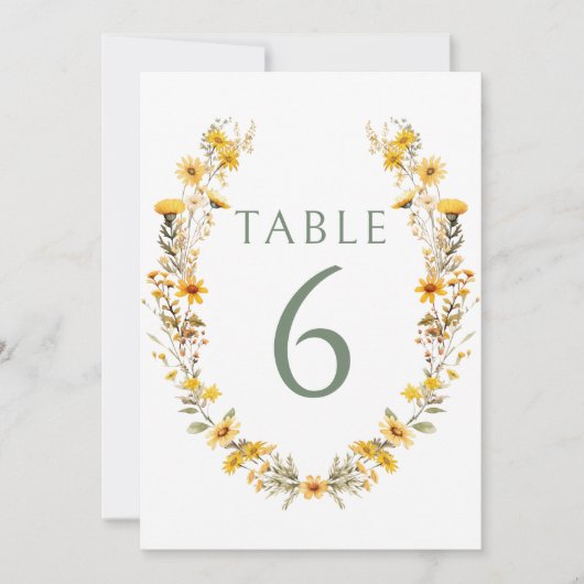 Gelbe Wildblumen Kranz Hochzeit Tischnummern (Vorderseite)