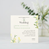 Gelbe Wildblumen Mongram Square Hochzeit Einladung (Stehend Vorderseite)