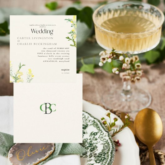 Gelbe Wildblumen Monogram II Square Hochzeit Einladung