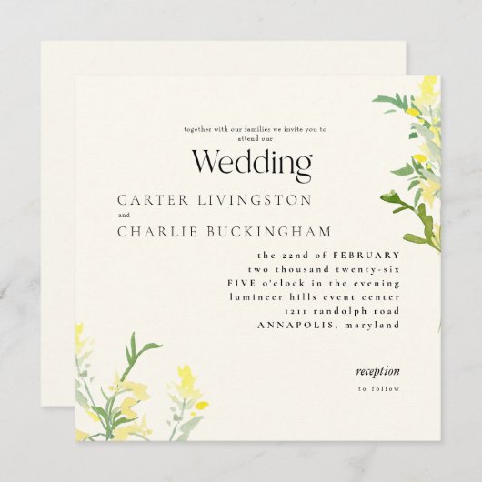 Gelbe Wildblumen Monogram II Square Hochzeit Einladung (Vorne/Hinten)