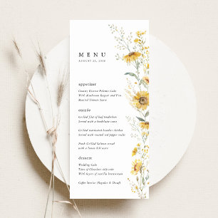 Gelbe Wildblumen-Sonnenblumen-Hochzeitsempfang Menükarte