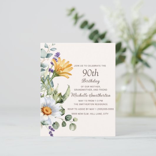 Gelbe Wildblumen Weißer Milchmarkt 90. Geburtstag (Stehend Vorderseite)