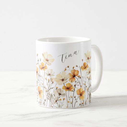 Gelbe Wildblumen Wiese Keramik Tasse mit Namen (VorderseiteRechts)
