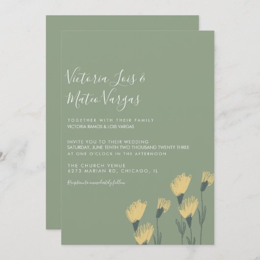 Gelbe Wilde Blume Blumengrün Hochzeitssage Einladung (Vorne/Hinten)
