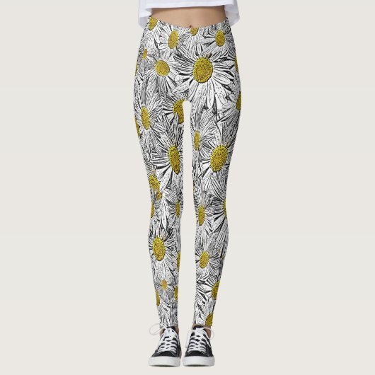 Gelbe zentrierte Daisies Leggings (Vorderseite)