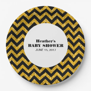 Gelbe Zickzack Glitzer Babydusche Teller
