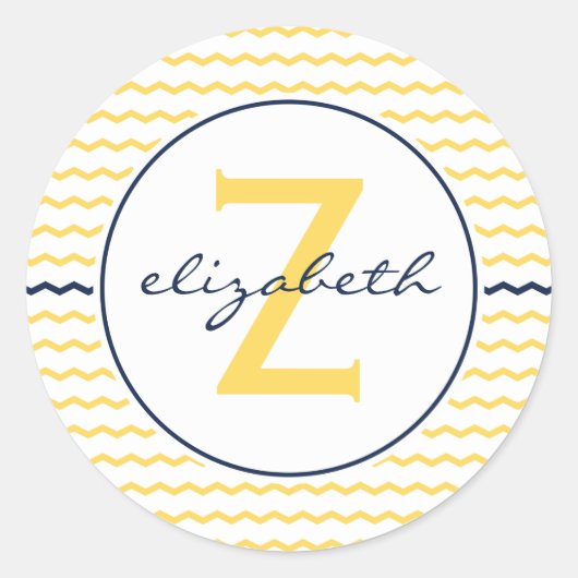 Gelbe Zickzack Monogramm Runder Aufkleber (Vorderseite)