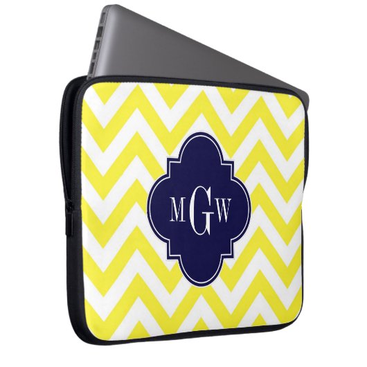 Gelbe Zickzack Navy-Quatrefolie 3 Monogramm Laptopschutzhülle (Vorne Rechts)