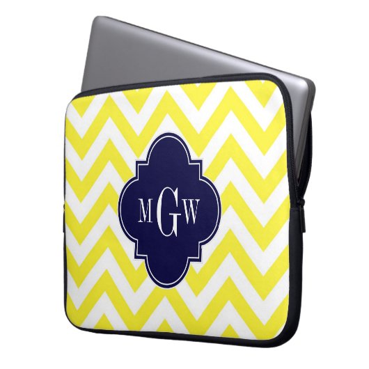 Gelbe Zickzack Navy-Quatrefolie 3 Monogramm Laptopschutzhülle (Vorderseite Links)