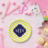 Gelbe Zickzack Navy-Quatrefolie 3 Monogramm Pappteller (Party)