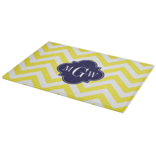 Gelbe Zickzack Navy-Quatrefolie 3 Monogramm Schneidebrett (Ecke)
