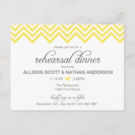 Gelbe Zickzack Probe Abendessen Einladung Postkart (Vorderseite)