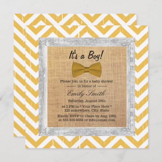 Gelbe Zickzack Streifen Gold Bow Krawatte Babydusc Einladung (Vorne/Hinten)