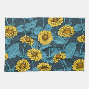 Gelbe Zinnien in dunkelblau Geschirrtuch