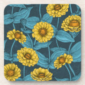Gelbe Zinnien in dunkelblau Getränkeuntersetzer (Vorderseite)
