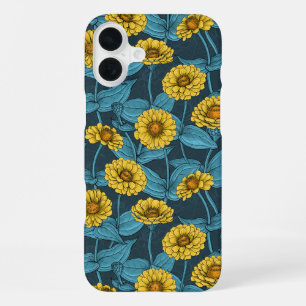 Gelbe Zinnien in dunkelblau iPhone 16 Plus Hülle