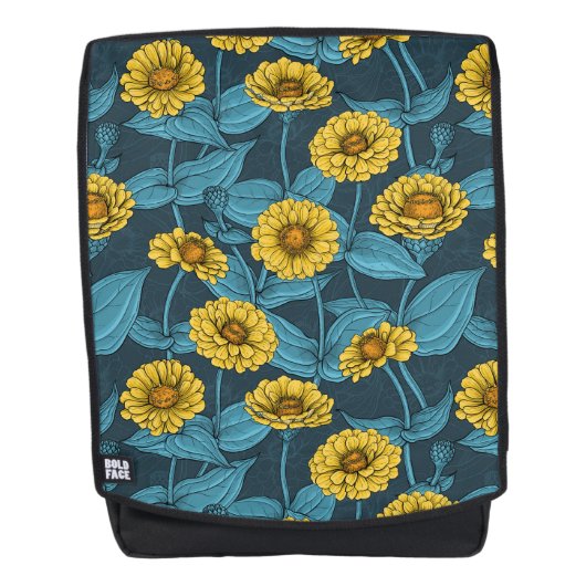 Gelbe Zinnien in dunkelblau Rucksack (Vorderseite)