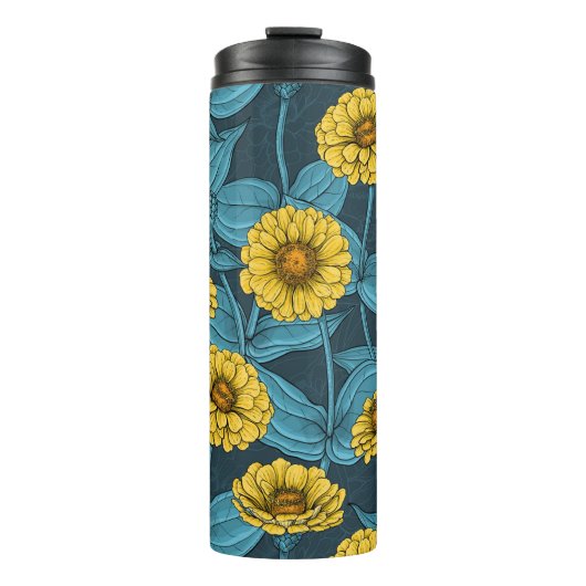 Gelbe Zinnien in dunkelblau Thermosbecher (Vorderseite)
