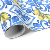 Gelbe Zitrone Blaue Fliese Geschenkpapier (Rolleneckpunkt)