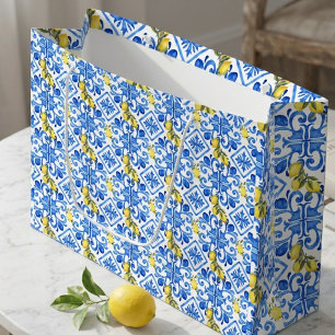 Gelbe Zitrone Blaue Fliese  Große Geschenktüte