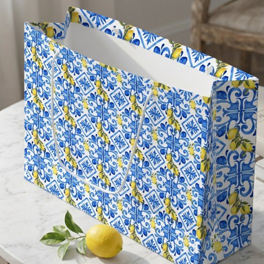 Gelbe Zitrone Blaue Fliese Große Geschenktüte