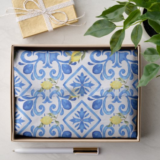 Gelbe Zitrone Blaue Fliese Seidenpapier (Geschenk)