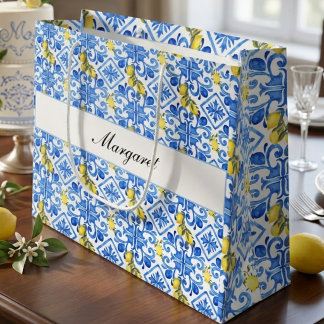 Gelbe Zitrone Blaue Fliese Wasserfarbe Monogramm N Große Geschenktüte