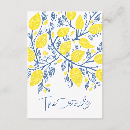 Gelbe Zitrone, blaue Reben Hochzeit der Details Begleitkarte (Vorderseite)