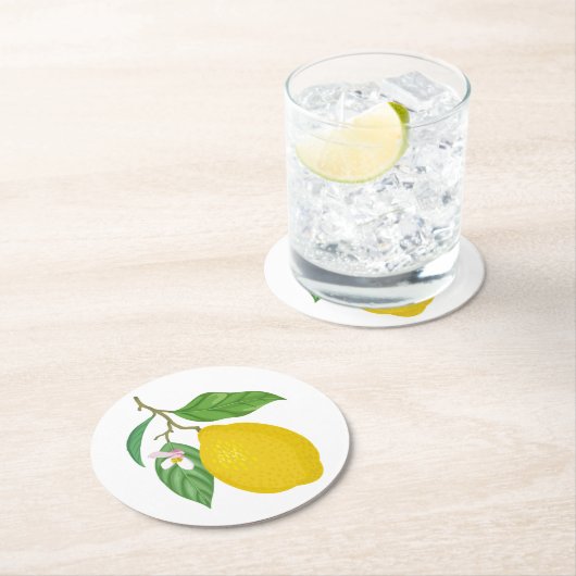 Gelbe Zitrone mit grünen Blätter und weißer Blume Runder Pappuntersetzer (Vor Ort)